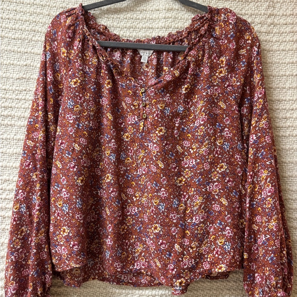 Lucky Brand Rust Floral Peasant Blouse with Pink, Yellow & Blue